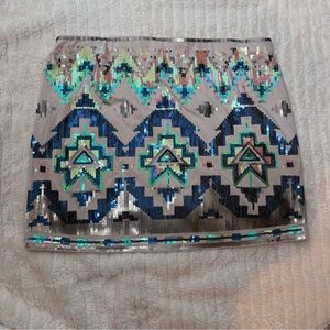 Express Silver Blue Sequin Mini Pencil Skirt